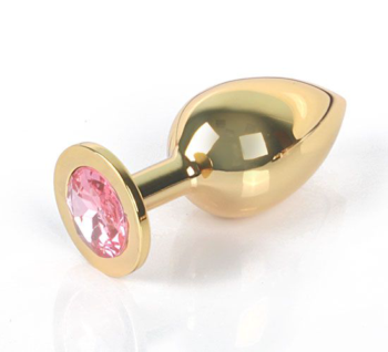 Золотистая анальная пробка GOLDEN PLUG Large с розовым кристаллом - 9,5 см.