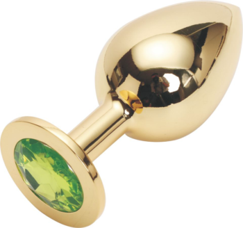 Золотистая анальная пробка GOLDEN PLUG Large с светло-зелёным кристаллом - 9,5 см.
