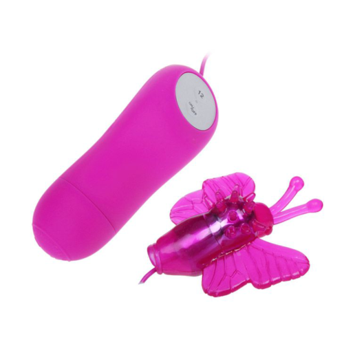 Розовый вибростимулятор с насадкой в виде бабочки - 1