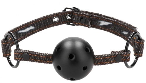 Кляп-шарик With Roughend Denim Straps с черными джинсовыми ремешками - 0