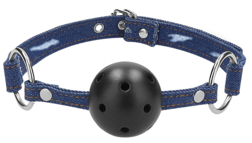 Кляп-шарик With Roughend Denim Straps с синими джинсовыми ремешками - 0