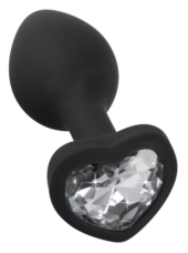 Черная силиконовая анальная пробка с прозрачным стразом-сердечком - 7,3 см. - 0
