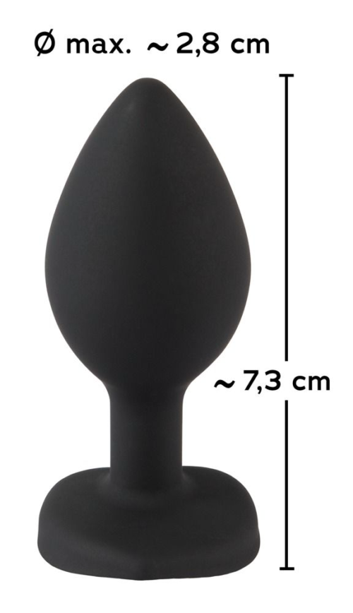 Черная силиконовая анальная пробка с прозрачным стразом-сердечком - 7,3 см. - 2