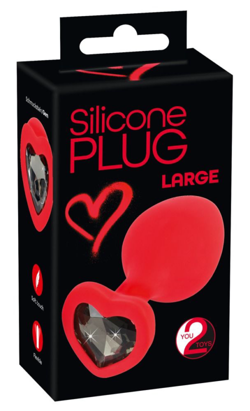 Красная силиконовая анальная пробка с черным стразом-сердечком - 9,3 см. - 3