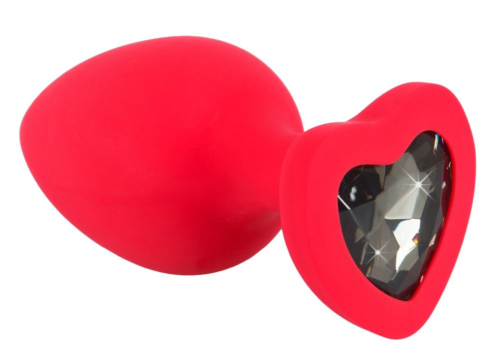 Красная силиконовая анальная пробка с черным стразом-сердечком - 9,3 см. - 0