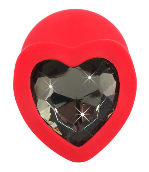Красная силиконовая анальная пробка с черным стразом-сердечком - 7,9 см. - 2