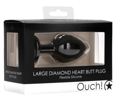 Черная анальная пробка с прозрачным стразом Large Ribbed Diamond Heart Plug - 8 см. - 2