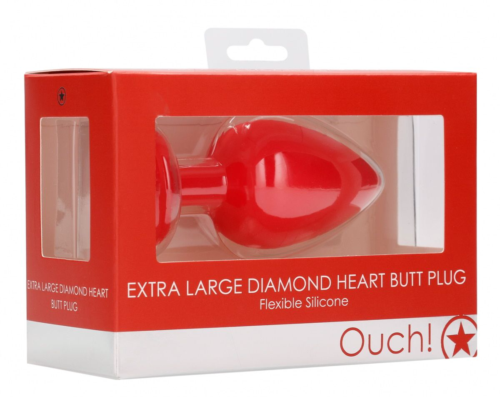 Красная анальная пробка с прозрачным стразом Extra Large Diamond Heart Butt Plug - 9,5 см. - 2