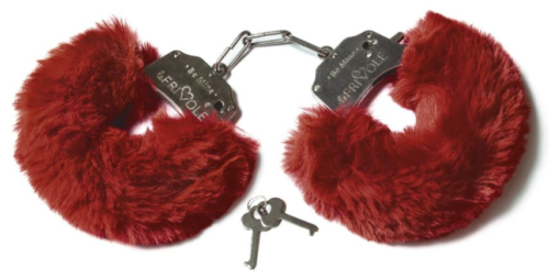 Шикарные бордовые меховые наручники с ключиками - 0