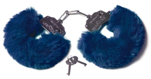 Шикарные темно-синие меховые наручники с ключиками - 0
