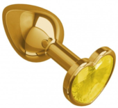 Золотистая анальная втулка с желтым кристаллом-сердечком - 7 см. - 0