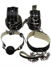 БДСМ-набор в черном цвете: наручники, поножи, ошейник с поводком, кляп - 0