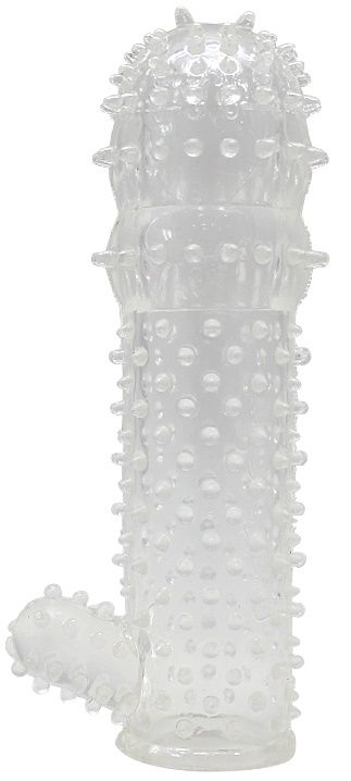 Прозрачная пупырчатая насадка на фаллос с язычком - 12,5 см. - 0
