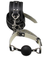 Пикантный БДСМ-набор на мягкой подкладке: наручники, поножи, ошейник с поводком, кляп - 4