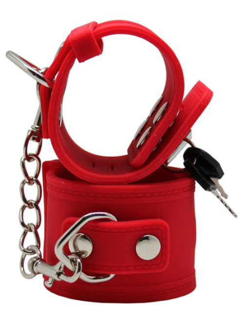 Красные силиконовые наручники с фиксацией и ключиком - 1