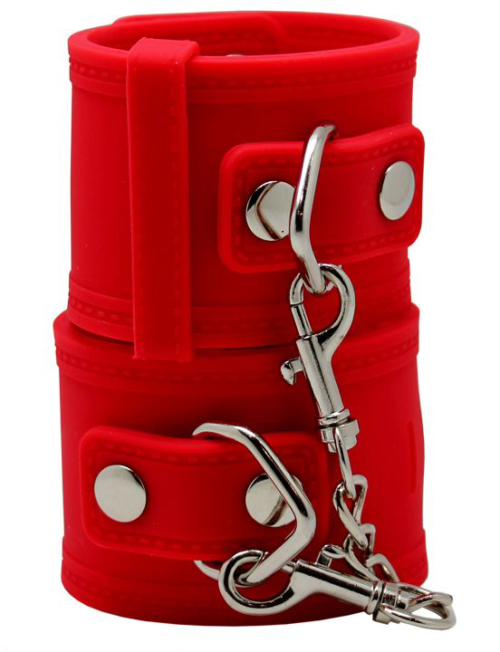 Красные силиконовые наручники с фиксацией и ключиком - 2