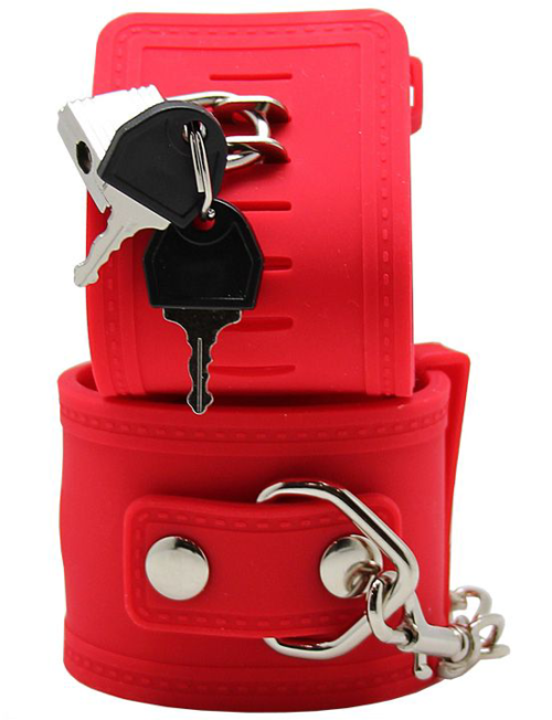 Красные силиконовые наручники с фиксацией и ключиком - 3