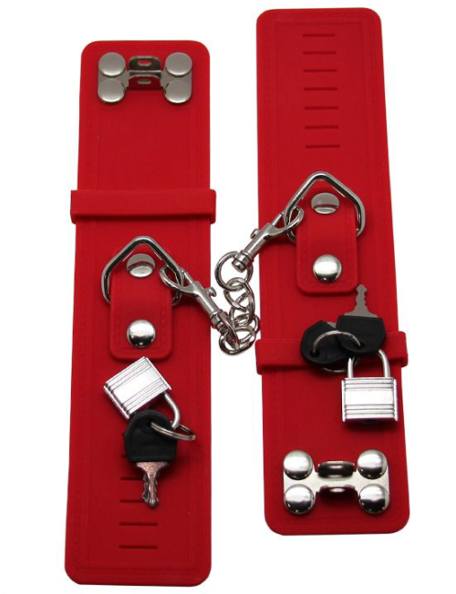 Красные силиконовые наручники с фиксацией и ключиком - 4