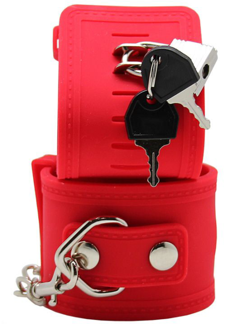Красные силиконовые наручники с фиксацией и ключиком - 0
