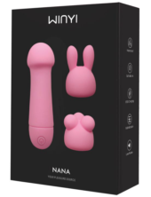 Нежно-розовый мини-вибратор Nana с 3 насадками - 10,6 см. - 0