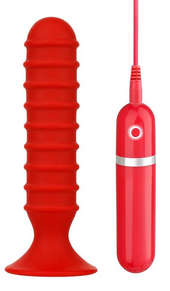 Красный ребристый анальный вибратор RIBBED TORPEDO - 15 см. - 0