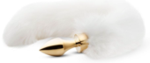 Золотистая анальная пробка с белым пушистым хвостом Fox Tail Plug - 0