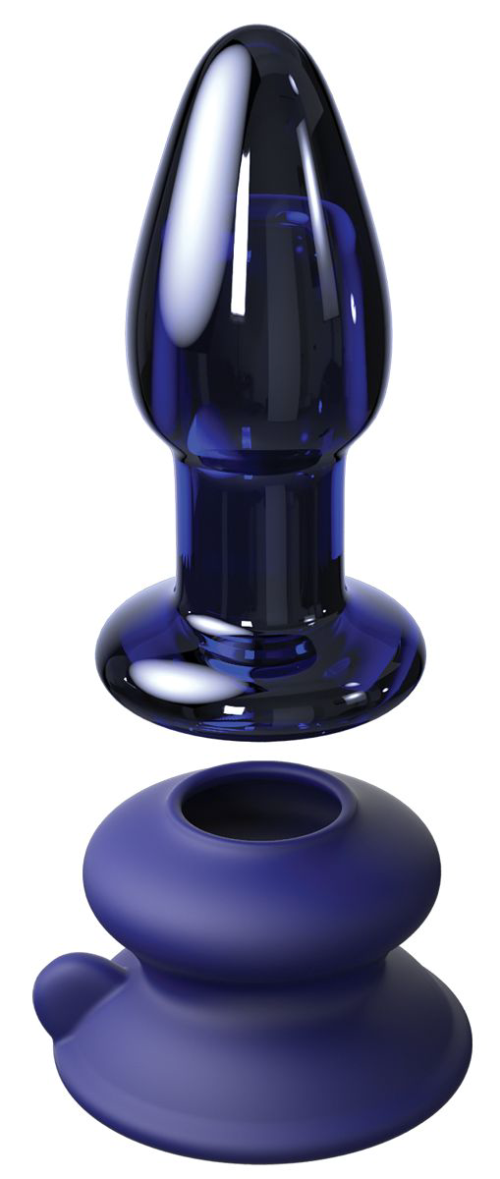 Синий конический стеклянный вибростимулятор с пультом ДУ и присоской - 10,2 см. - 2