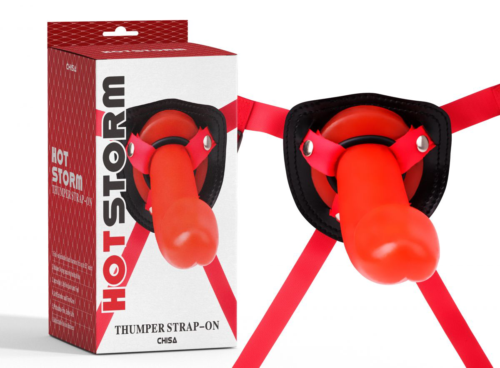 Красный страпон Thumper Strap-on на ремешках - 18 см. - 1