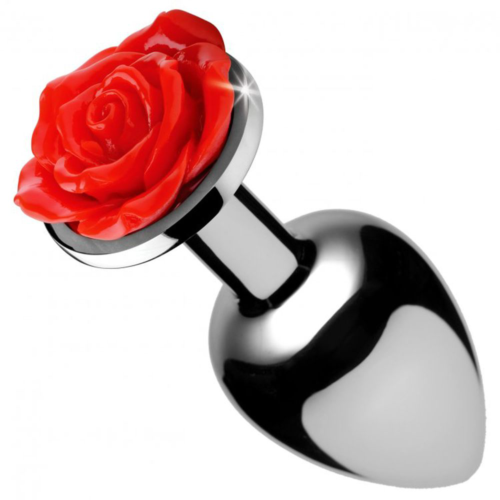 Серебристая анальная пробка с розой Red Rose Butt Plug - 8 см. - 0