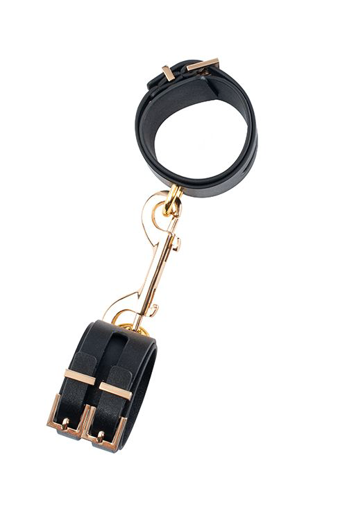 Черные наручники PREMIUM HANDCUFF WITH HOOK с золотистой перемычкой - 0