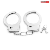 Серебристые металлические наручники на сцепке с фигурными ключиками - 0