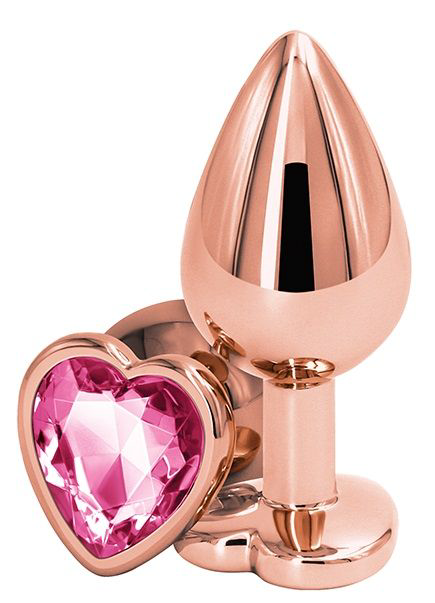 Золотистая анальная втулка с розовым кристаллом в виде сердечка - 7 см. - 0