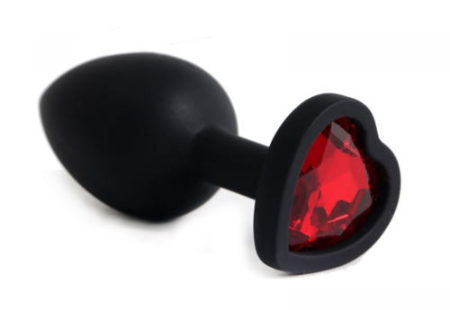 Черная анальная силиконовая пробка с красным стразом-сердцем - 7,5 см. - 0