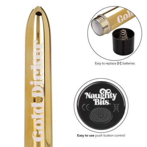 Золотистый классический вибратор Naughty Bits Gold Dicker Personal Vibrator - 19 см. - 3