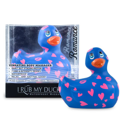 Синий вибратор-уточка I Rub My Duckie 2.0 Romance с розовым принтом - 1