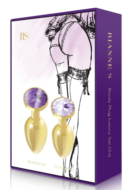 Набор из 2 золотистых анальных пробок с фиолетовыми кристаллами Booty Plug Original Luxury Set - 1