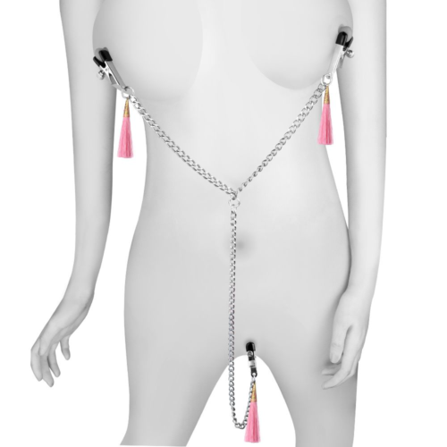 Зажимы на соски и половые губы с розовыми кисточками Nipple Clit Tassel Clamp With Chain - 4