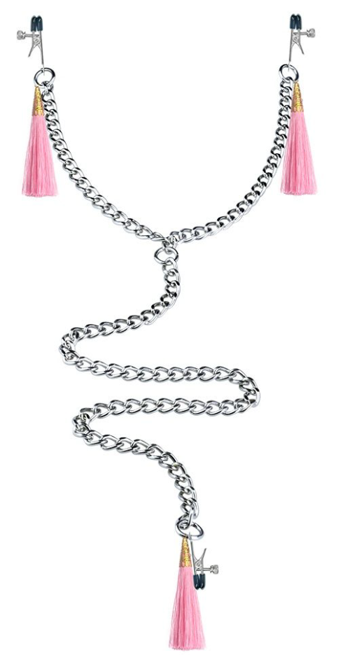 Зажимы на соски и половые губы с розовыми кисточками Nipple Clit Tassel Clamp With Chain - 0
