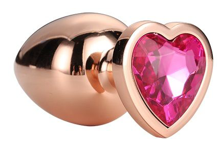 Золотистая анальная втулка с кристаллом-сердечком розового цвета - 7,1 см. - 2