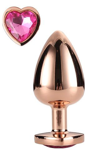 Золотистая анальная втулка с кристаллом-сердечком розового цвета - 7,1 см. - 0