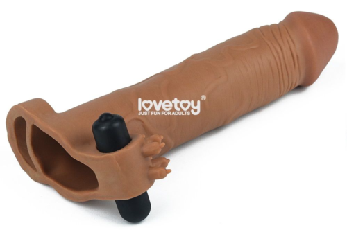 Коричневая вибронасадка-удлинитель на пенис Add 3 Pleasure X Tender Vibrating Penis Sleeve - 19,5 см. - 2