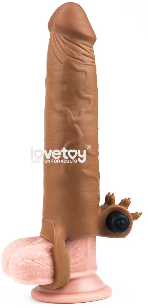 Коричневая вибронасадка-удлинитель на пенис Add 3 Pleasure X Tender Vibrating Penis Sleeve - 19,5 см. - 0