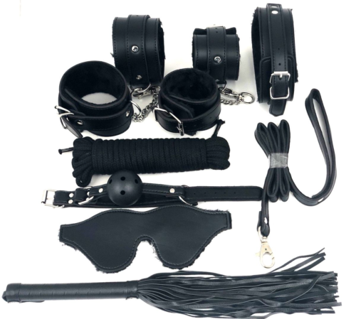 Набор БДСМ в черном цвете: наручники, поножи, кляп, ошейник с поводком, маска, веревка, плеть - 0