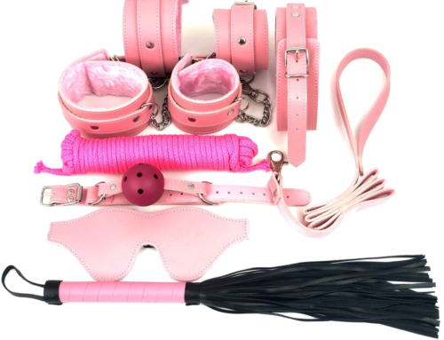 Набор БДСМ в розовом цвете: наручники, поножи, кляп, ошейник с поводком, маска, веревка, плеть - 0
