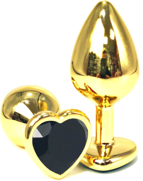 Золотистая анальная пробка с черным кристаллом-сердцем - 7 см. - 0