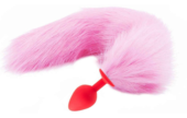 Красная анальная пробка с пушистым розовым хвостиком - 0