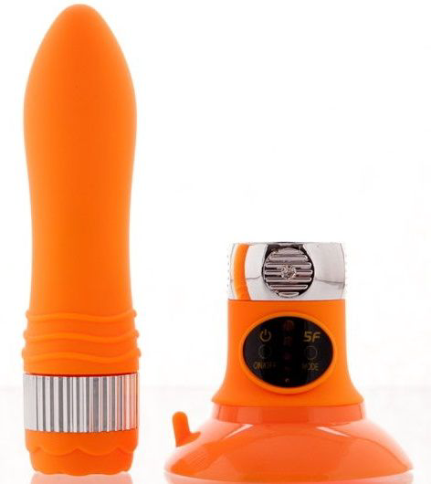 Оранжевый водонепроницаемый вибратор на присоске со сменной панелью управления - 19 см. - 0