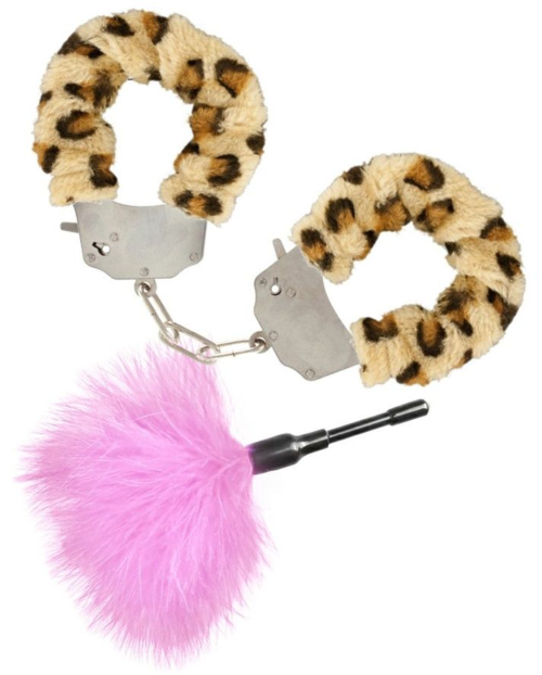 Эротический набор: леопардовые наручники и розовая пуховка - 0