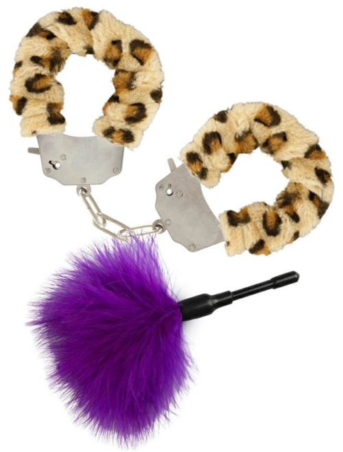 Эротический набор: леопардовые наручники и фиолетовая пуховка - 0