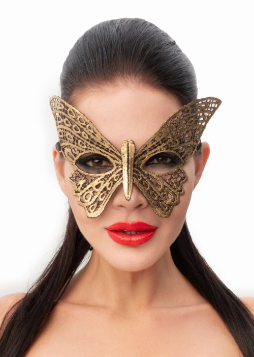 Золотистая женская карнавальная маска в форме бабочки - 0